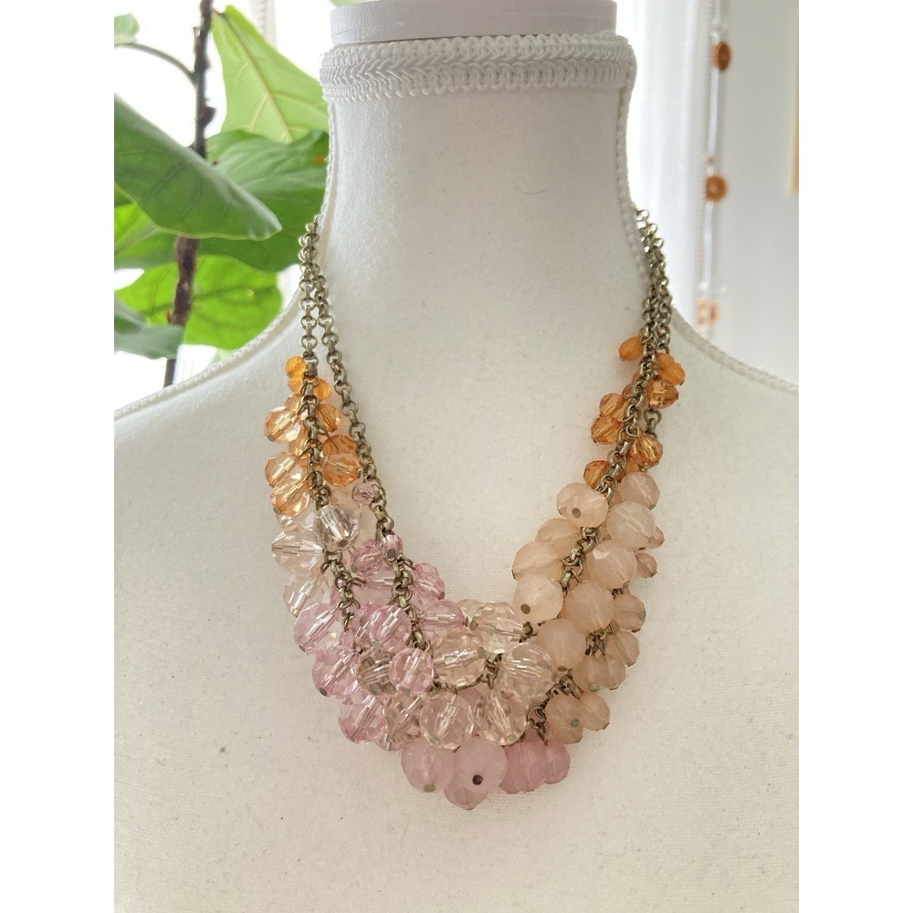 Cottagecore Pastel Beaded Statement Necklace Pink & Peach Gold Tone Romantic